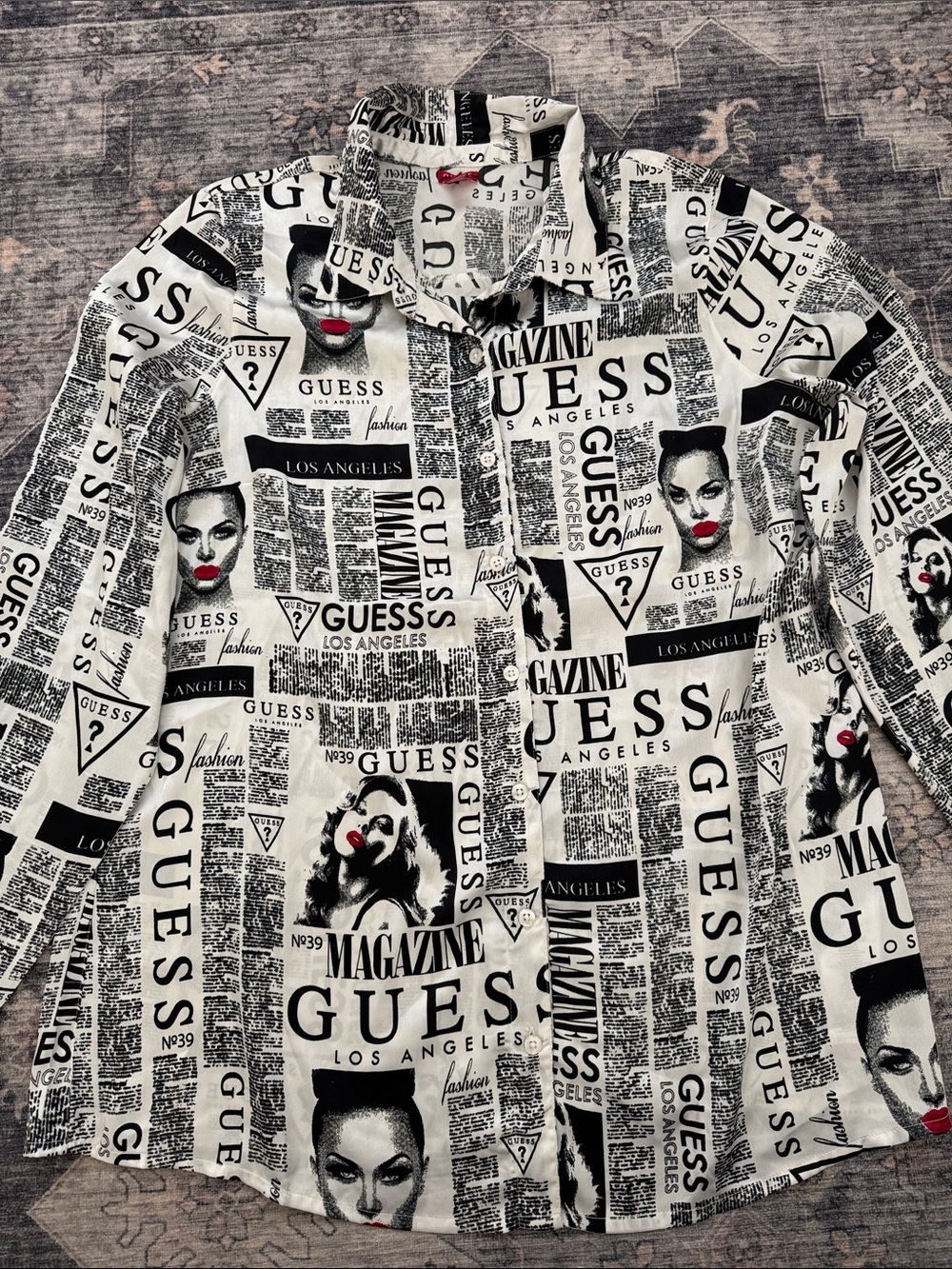 Guess Black & White Newspaper Print Shirt with Red Lip Accents